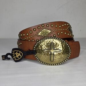 Ariat NWT Womens XL Leather Stud Belt Gold Tone Buckle Oval Cross Wide Western